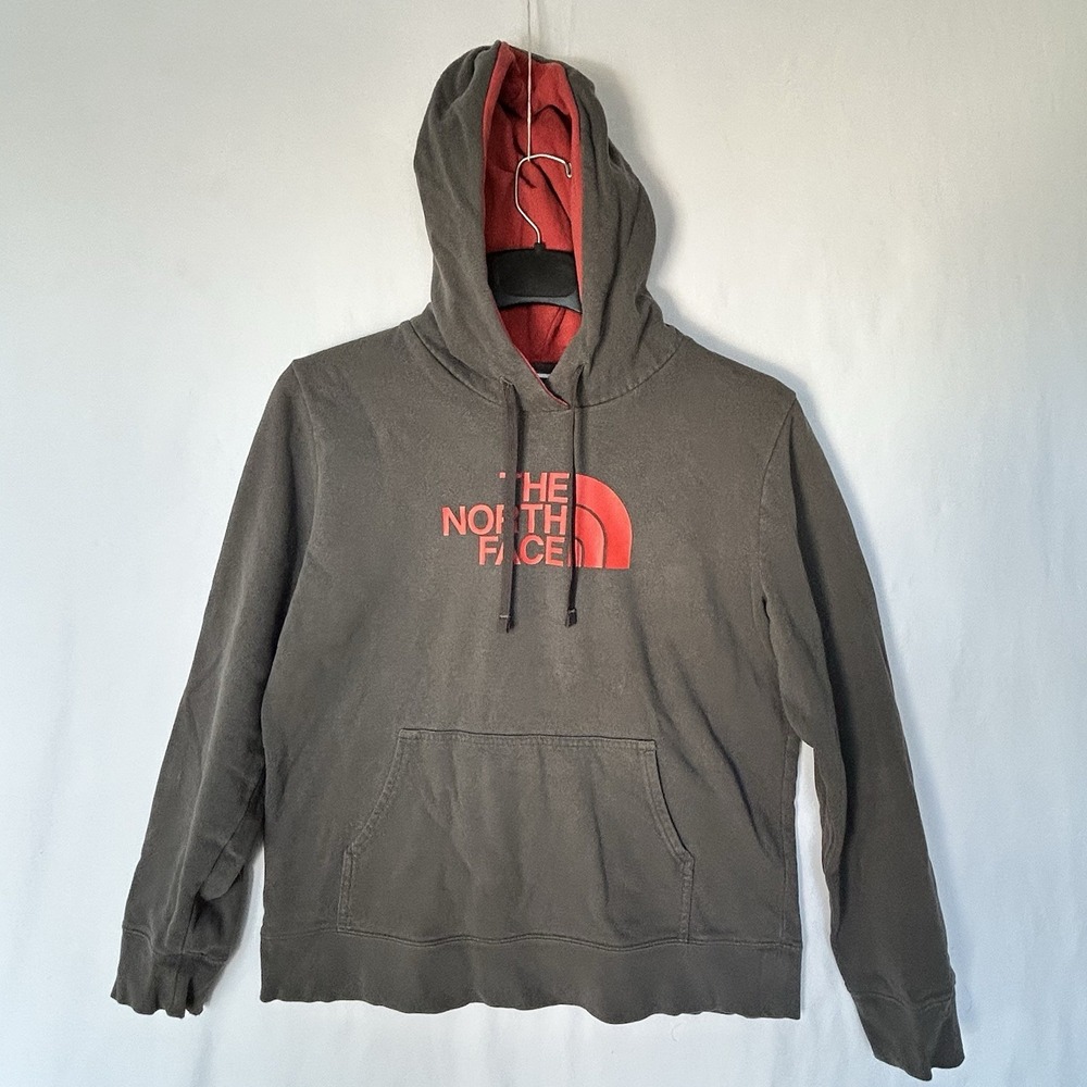 North Face Women's Hoodie Half Dome Pocket Gray Red Large Read